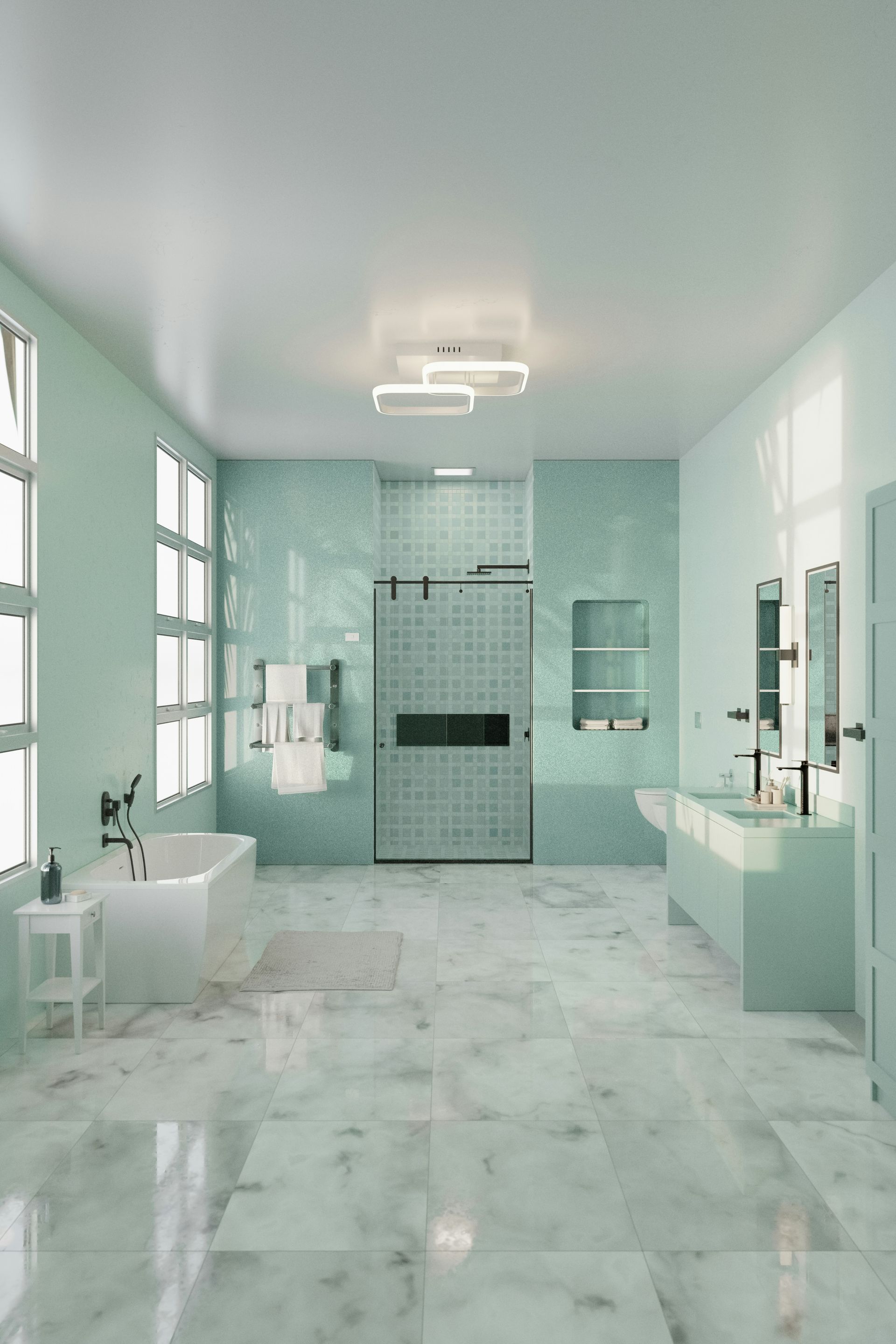 A large bathroom with a tub, sink, and shower